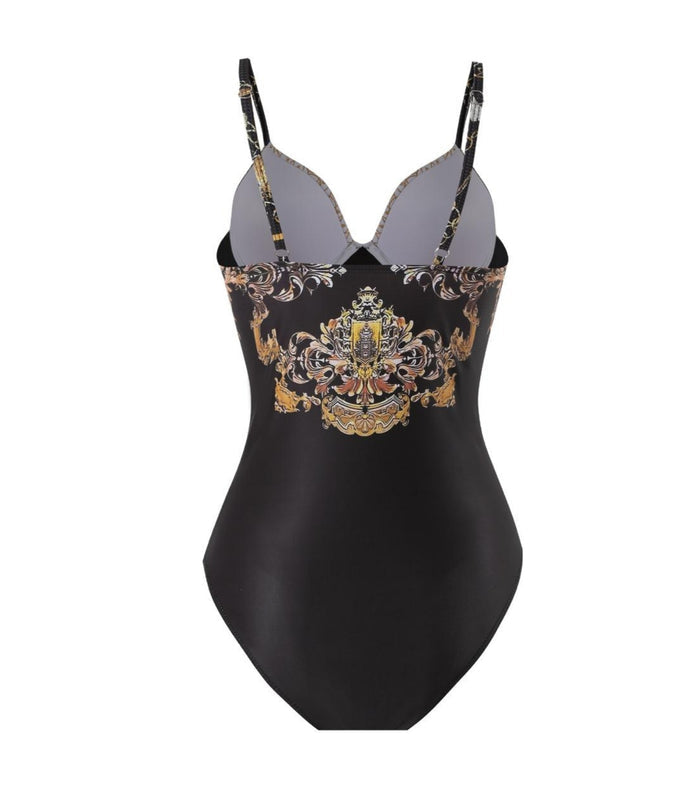 One-piece swimsuit with V-neck and thin straps, black with gold baroque center print