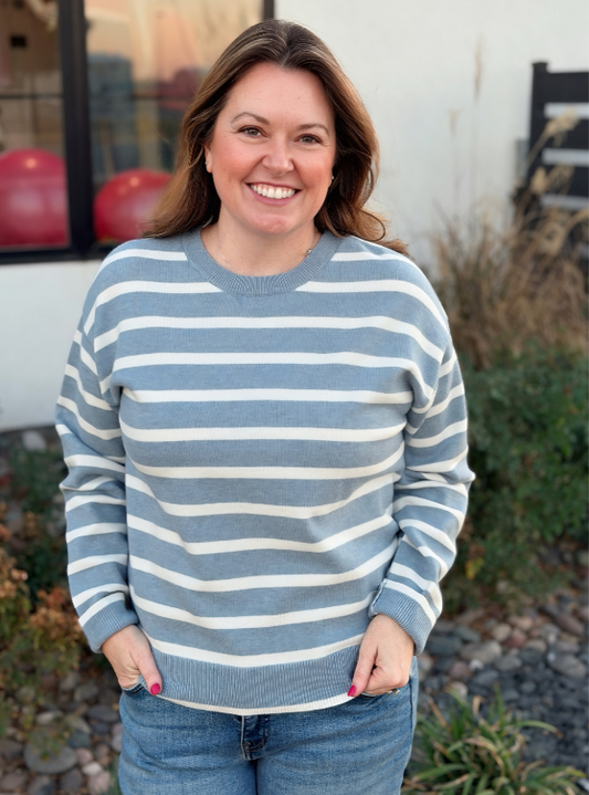 Preston Sweater- Dusty Blue Ivory