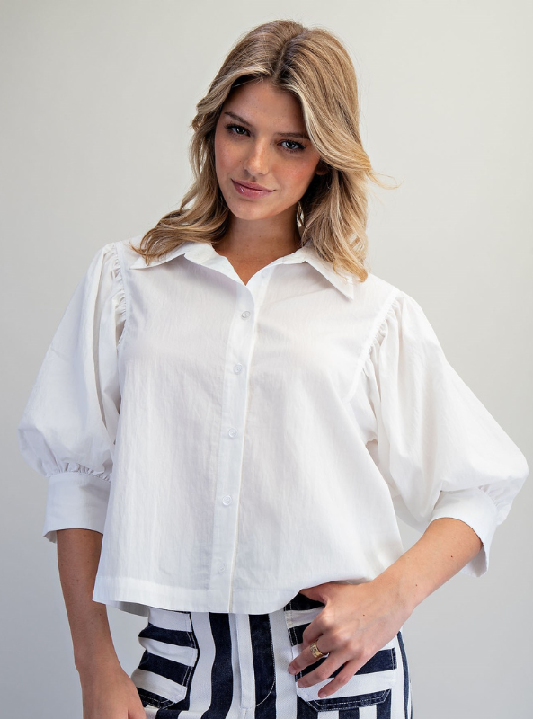 Puff Sleeve Button Down Shirt- Off White