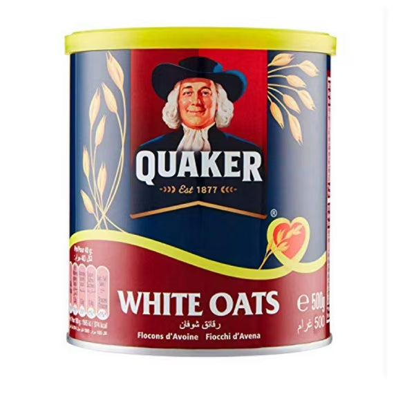 Front view of a 500g pack of Quaker Oats featuring the Quaker man logo, product name, and red and blue packaging.