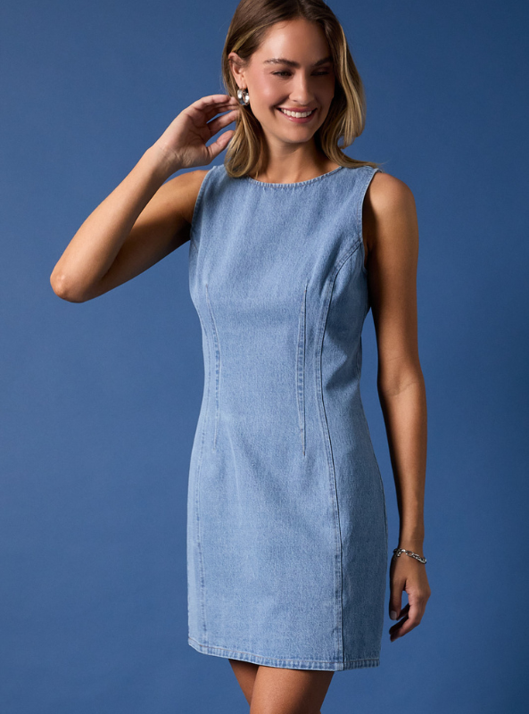 Round Neck Fitted Denim Mini Dress