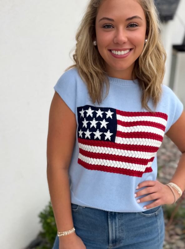 Round Neck Wide Shoulder USA Flag Sweater- Light Blue