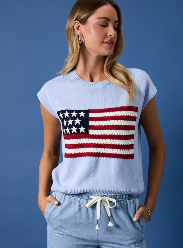Round Neck Wide Shoulder USA Flag Sweater- Light Blue