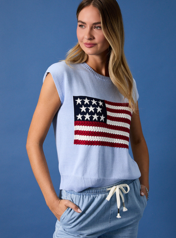 Round Neck Wide Shoulder USA Flag Sweater- Light Blue