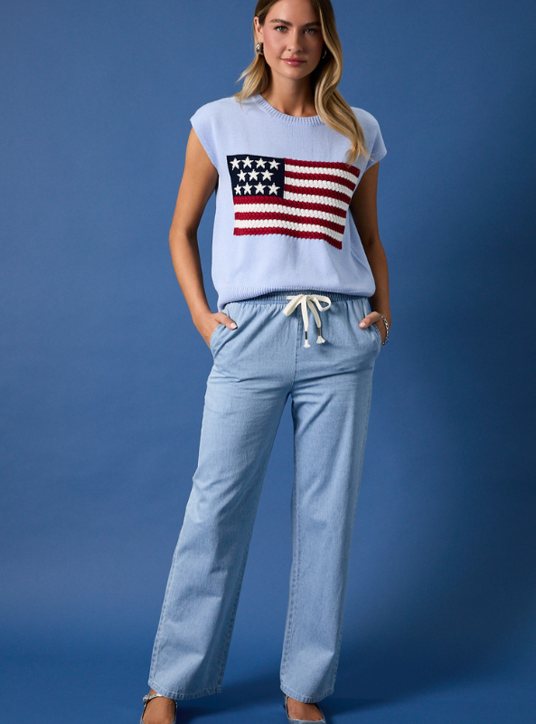Round Neck Wide Shoulder USA Flag Sweater- Light Blue