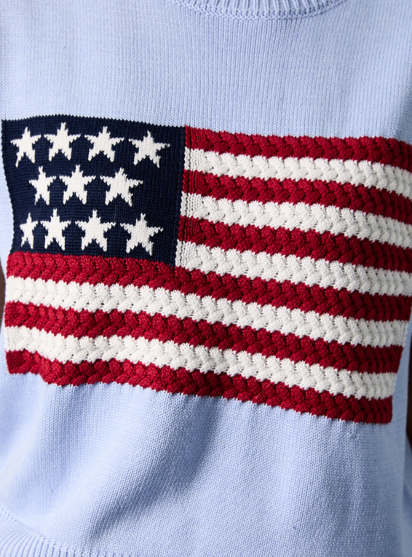 Round Neck Wide Shoulder USA Flag Sweater- Light Blue