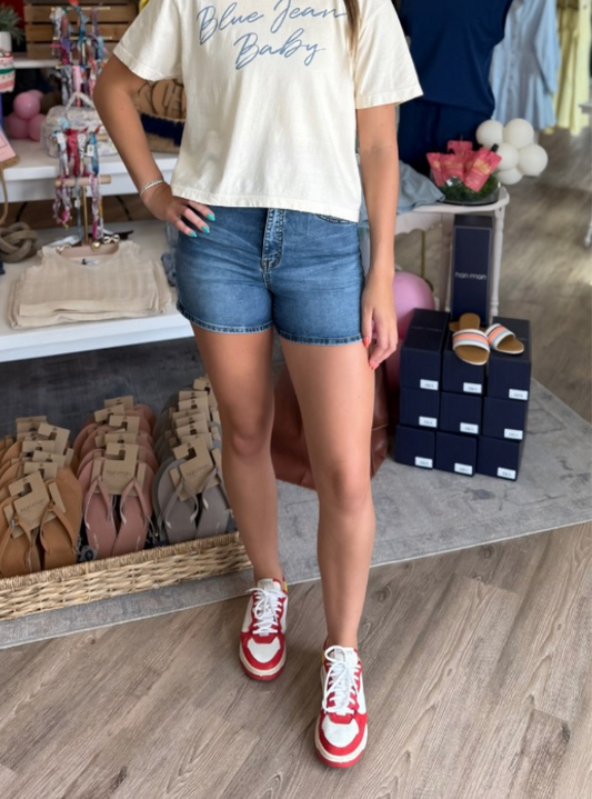Rowan Mid Rise Shorts- Dark Wash