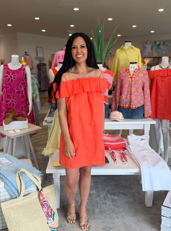 Ruffled Off Shoulder Mini Dress- Orange