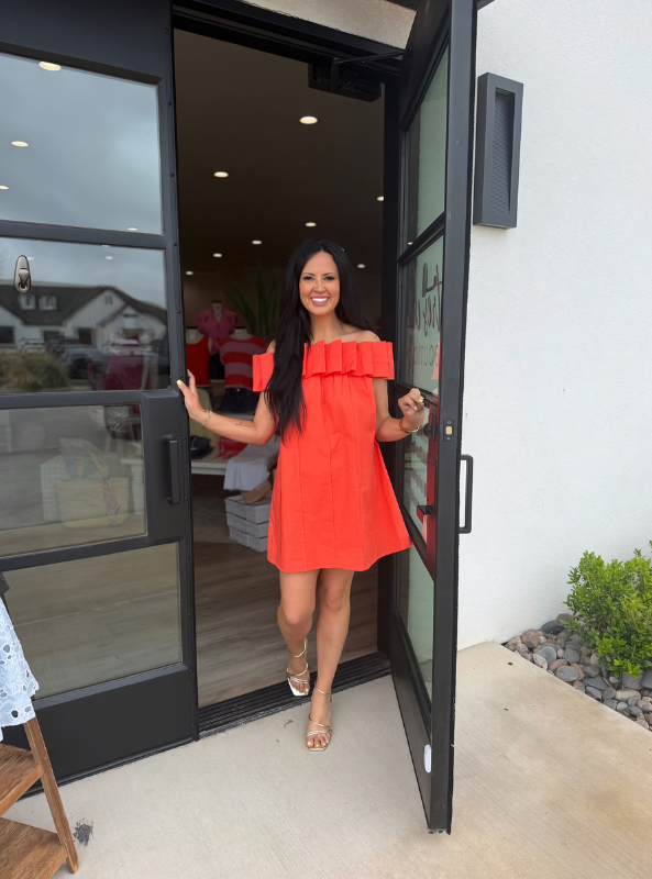 Ruffled Off Shoulder Mini Dress- Orange