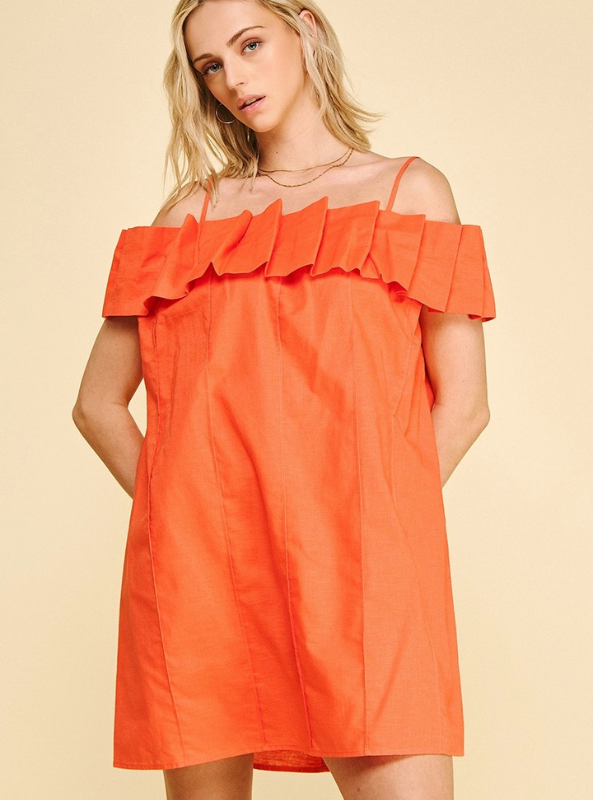 Ruffled Off Shoulder Mini Dress- Orange