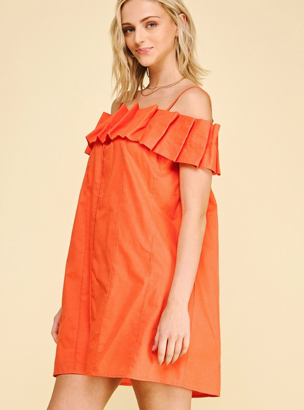 Ruffled Off Shoulder Mini Dress- Orange