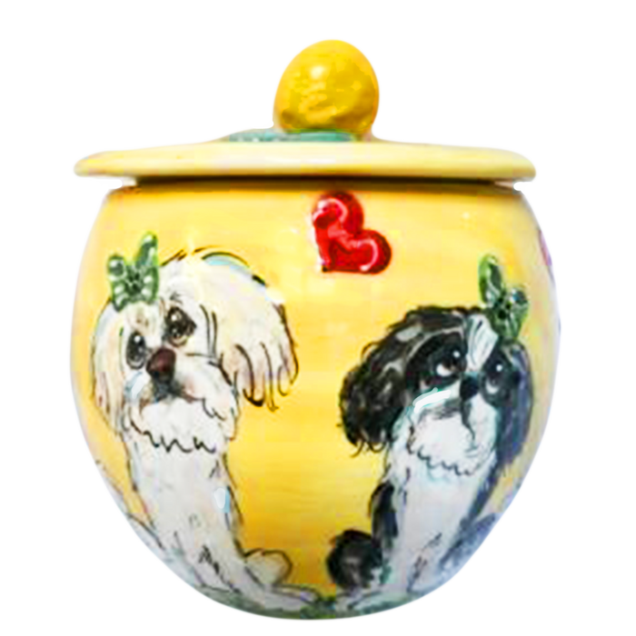 photo of yellow treat jar with Shih Tzu dogs