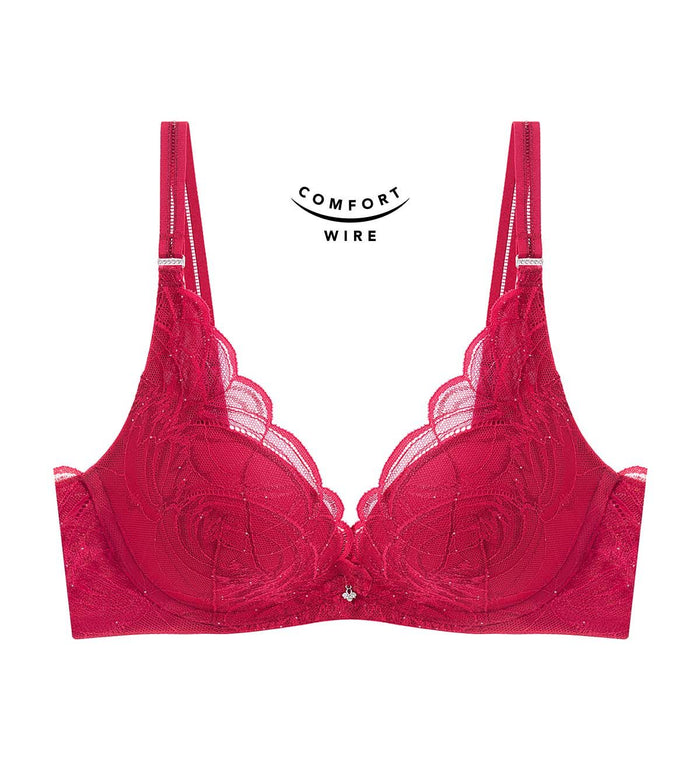 Shimmer Lace Wired Push Up Deep V Bra - ROSSO MASAI