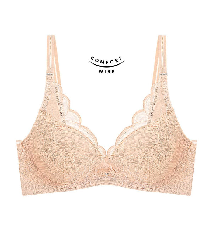 Shimmer Lace Wired Push Up Deep V Bra - SOFT PRALINE