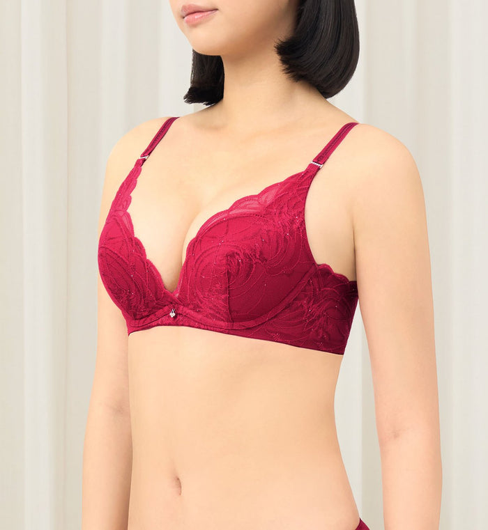 Shimmer Lace Wired Push Up Deep V Bra - ROSSO MASAI