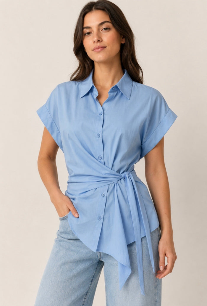 Sky Blue Cotton Side Tie Waist Shirt