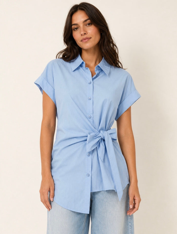 Sky Blue Cotton Side Tie Waist Shirt