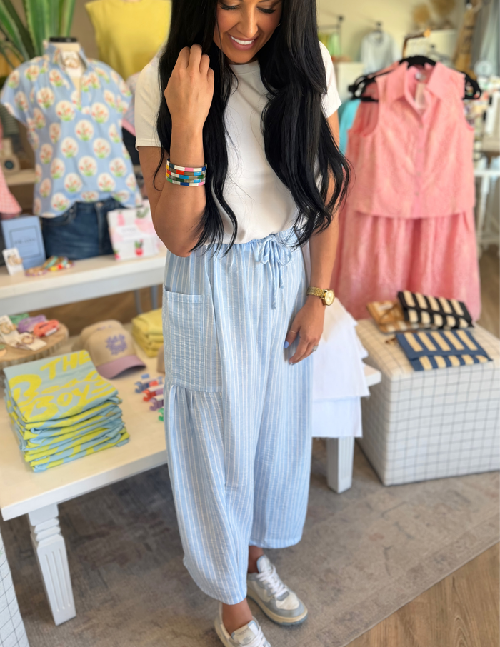 Slow Mornings Stripe Billowy Pants- Light Blue