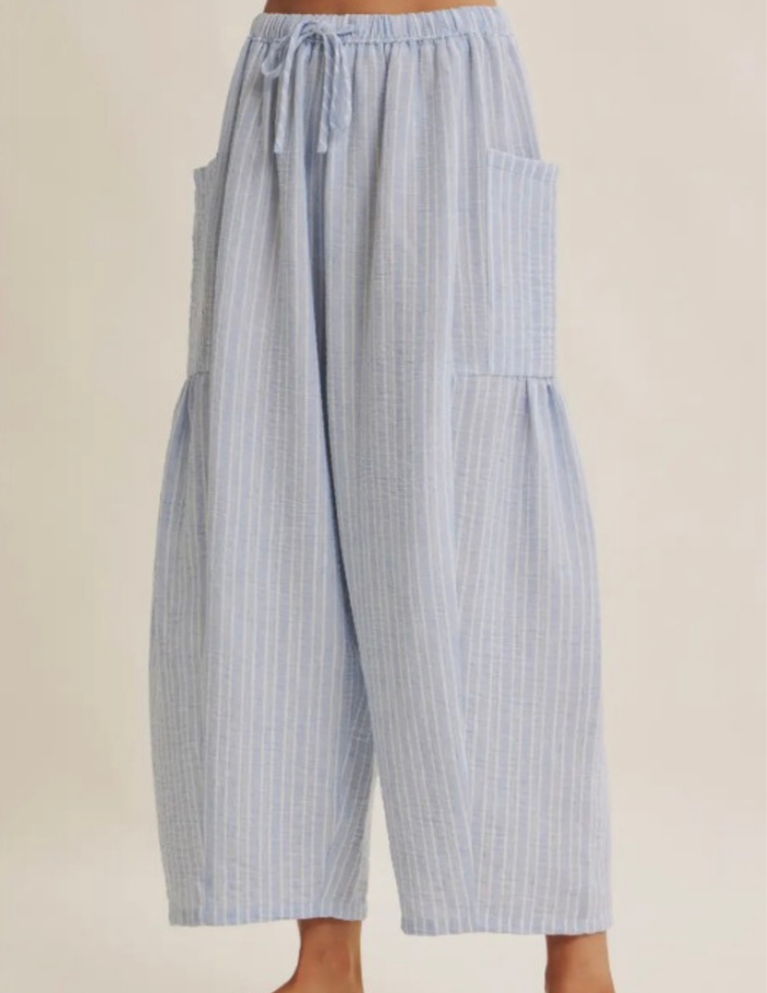 Slow Mornings Stripe Billowy Pants- Light Blue