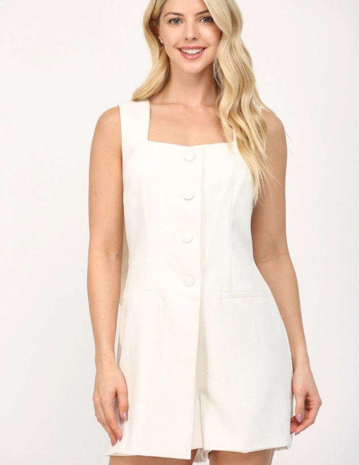 Square Neck Romper- White