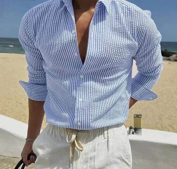 Streetwear summer long-sleeve shirt with stripes - AntoniosClothing - Blue