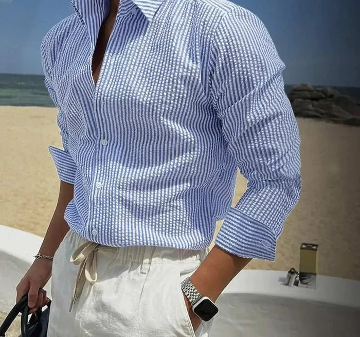Streetwear summer long-sleeve shirt with stripes - AntoniosClothing - Blue