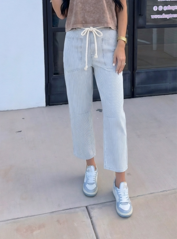 Stripe Denim Pants with Rope Waist Tie