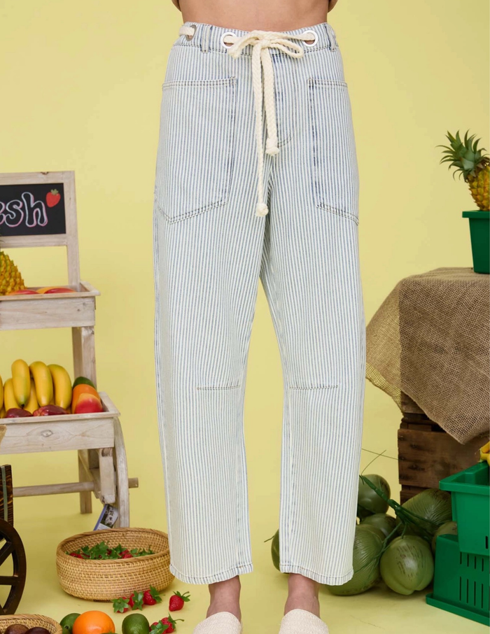 Stripe Denim Pants with Rope Waist Tie