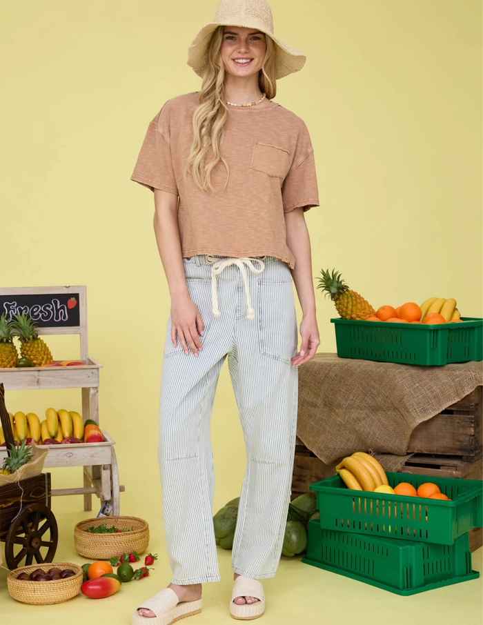 Stripe Denim Pants with Rope Waist Tie