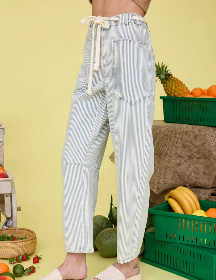 Stripe Denim Pants with Rope Waist Tie