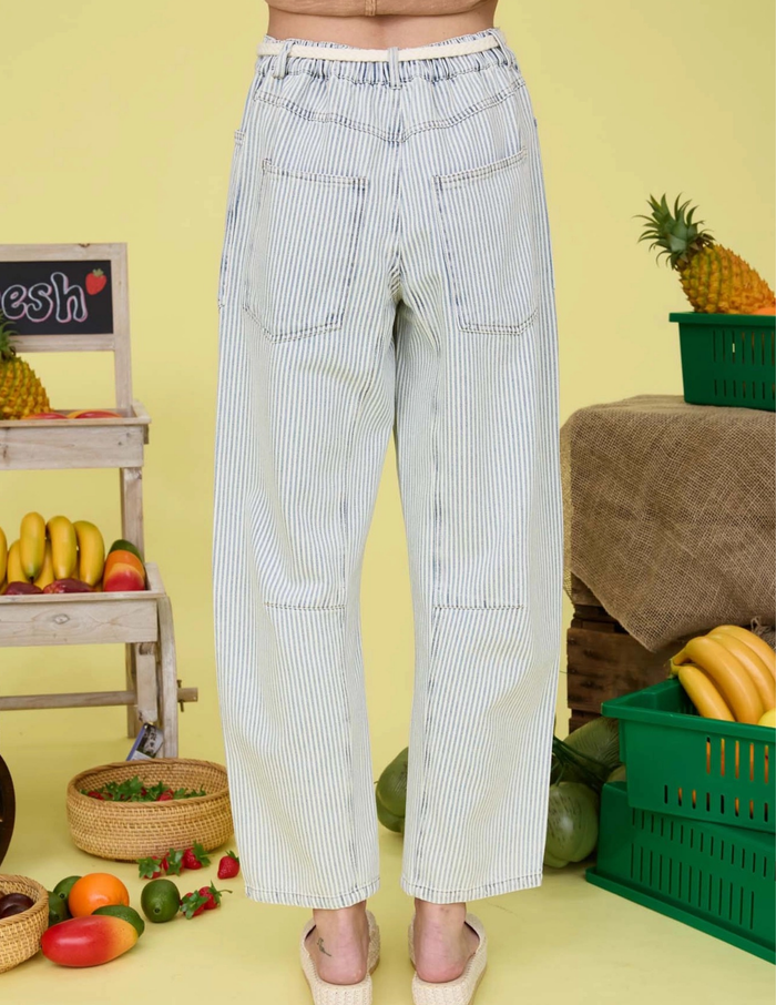 Stripe Denim Pants with Rope Waist Tie