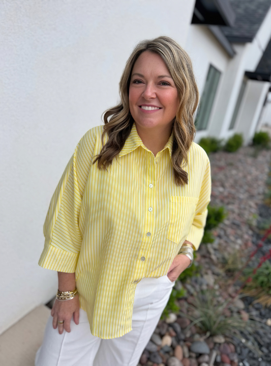 Stripe Elbow-Length Dolman Top- Lemon