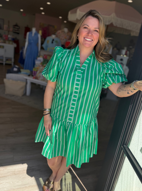 Stripe Puffed Sleeve Mini Dress
