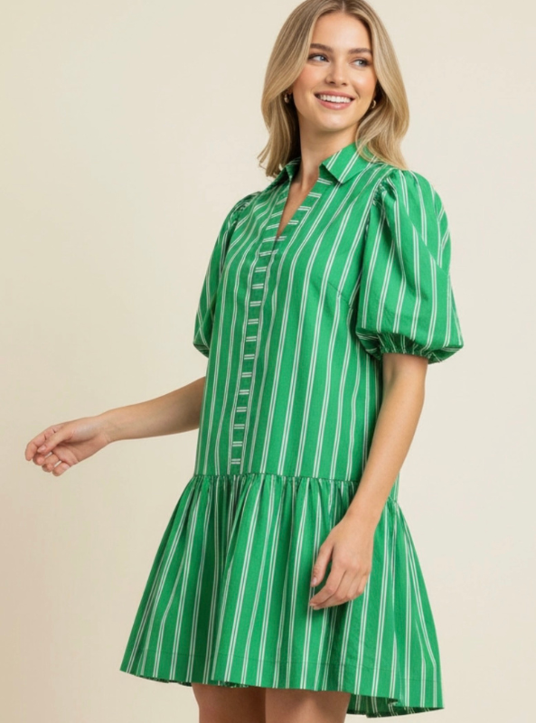 Stripe Puffed Sleeve Mini Dress