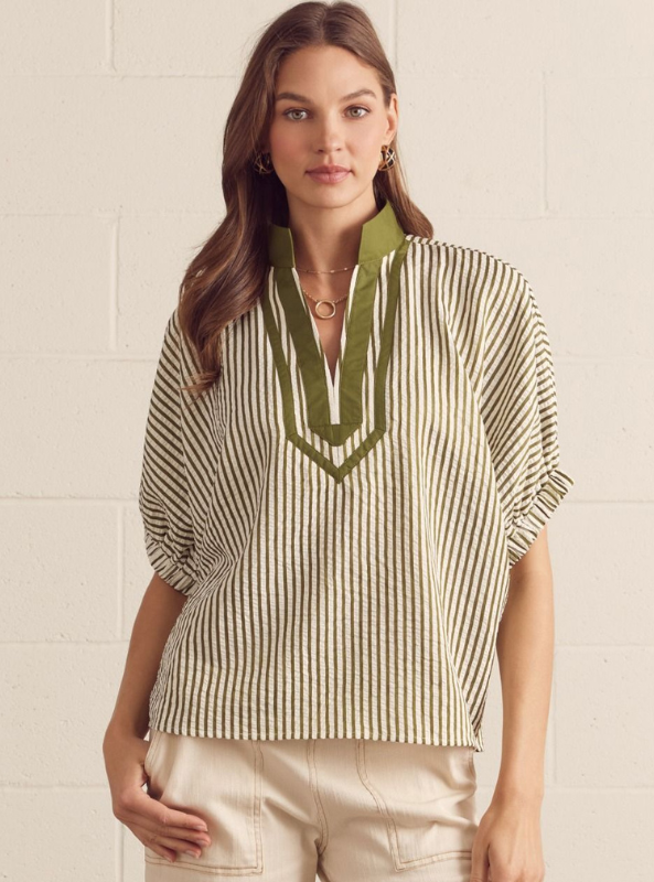 Striped Dolman Sleeve Top- Olive
