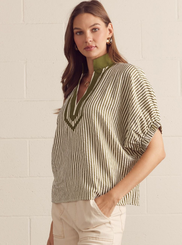 Striped Dolman Sleeve Top- Olive