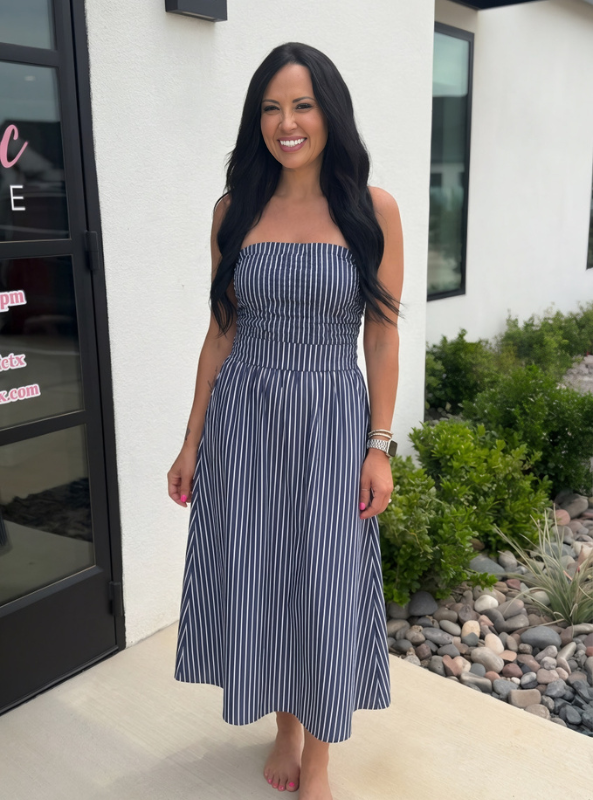 Striped Smocked Strapless Midi Dress- Navy
