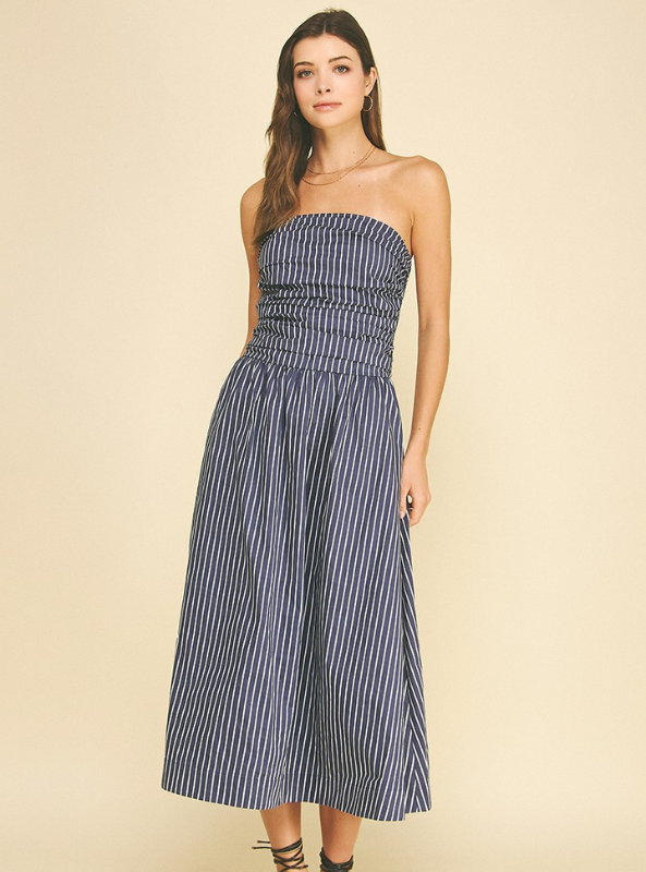 Striped Smocked Strapless Midi Dress- Navy