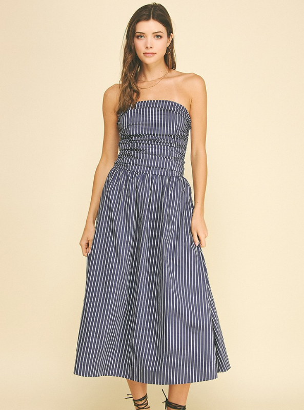 Striped Smocked Strapless Midi Dress- Navy
