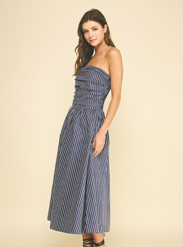 Striped Smocked Strapless Midi Dress- Navy