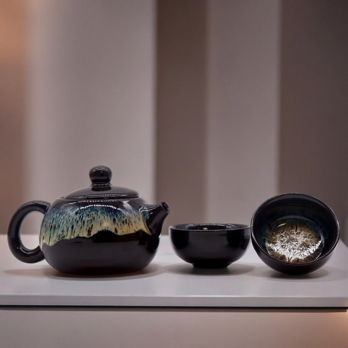 Teapot Set - 1 Pot & Two Cups Black Glaze