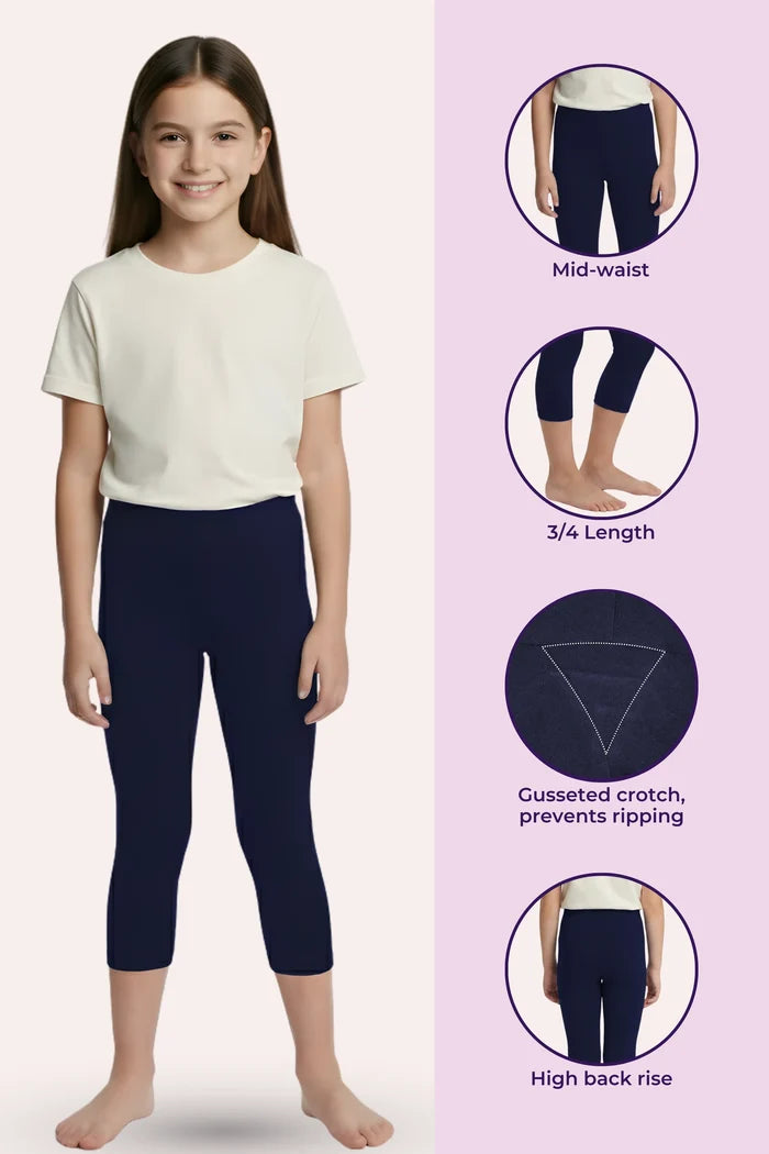 girls wearing cropped  leggings -product feature -Navy blue