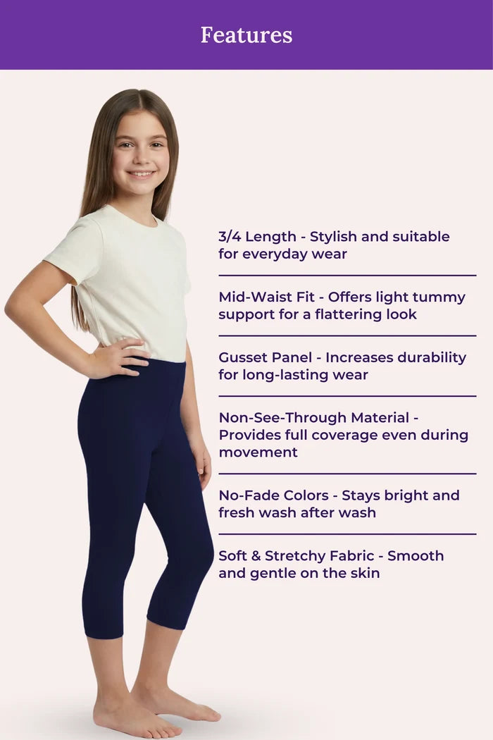 Teen Girls wearing navy leggings with product features listed on a white background
