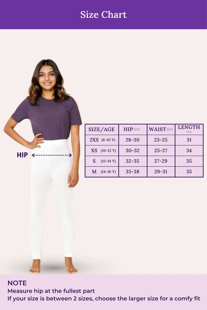 Size chart for leggings with a model wearing white leggings