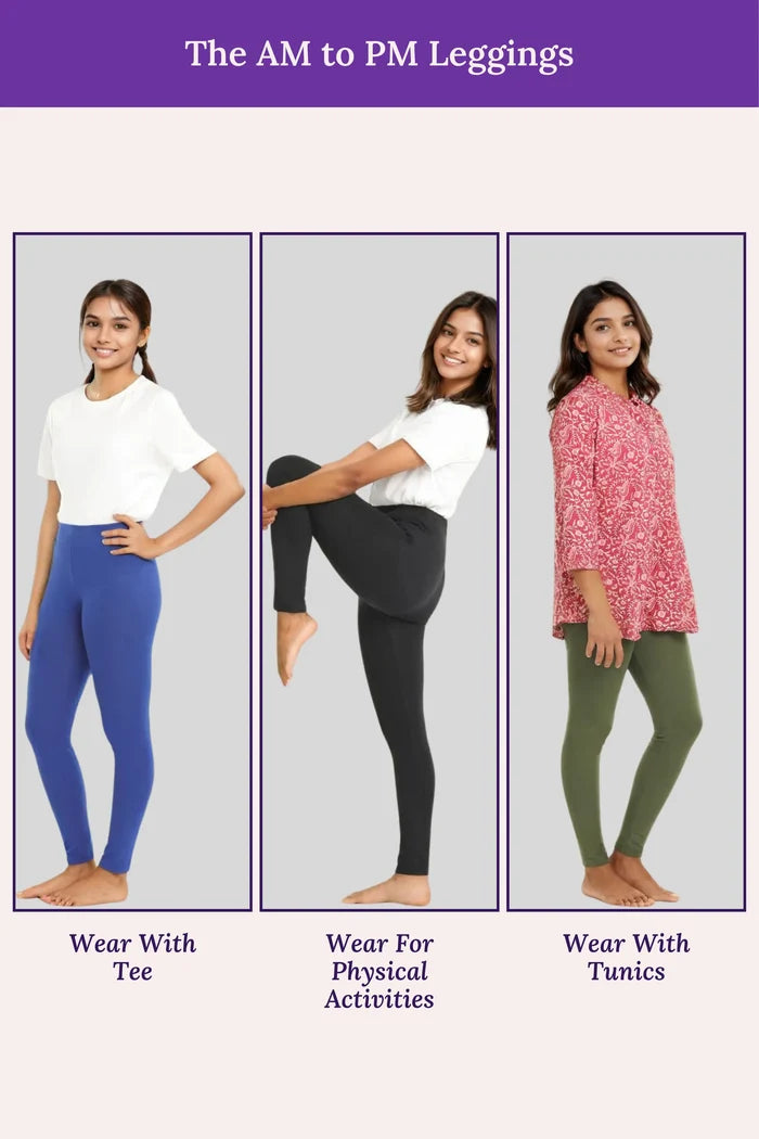 Three women wearing different colored leggings -colors- Blue- Black-Grey