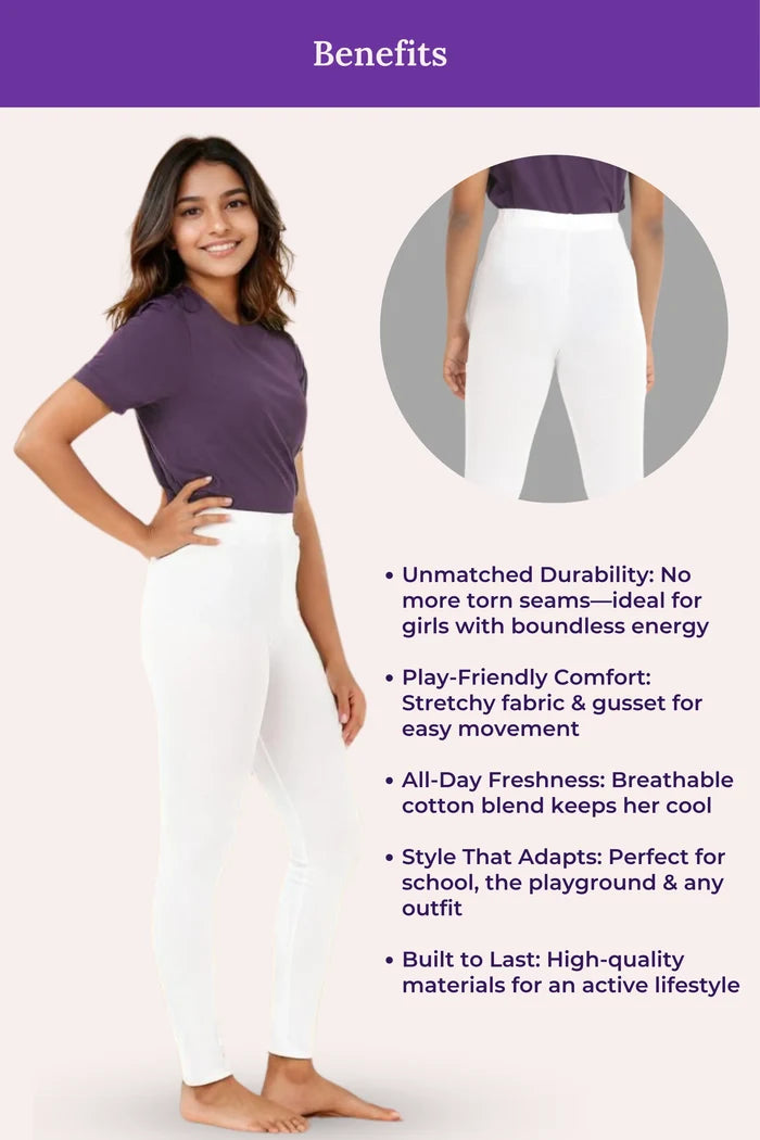 Teens wearing white pants with text highlighting product benefits