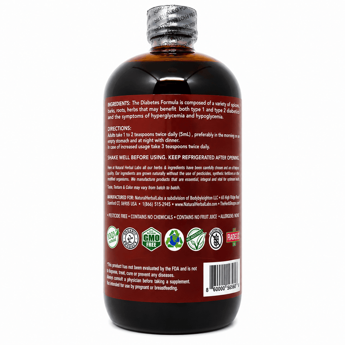 The Diabetes Formula Liquid in a branded bottle, herbal wellness blend made with botanical ingredients to complement a balanced diet and everyday wellness routine.