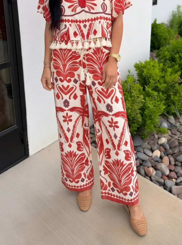 Tropical Print Drawstring Waist Wide Leg Pants
