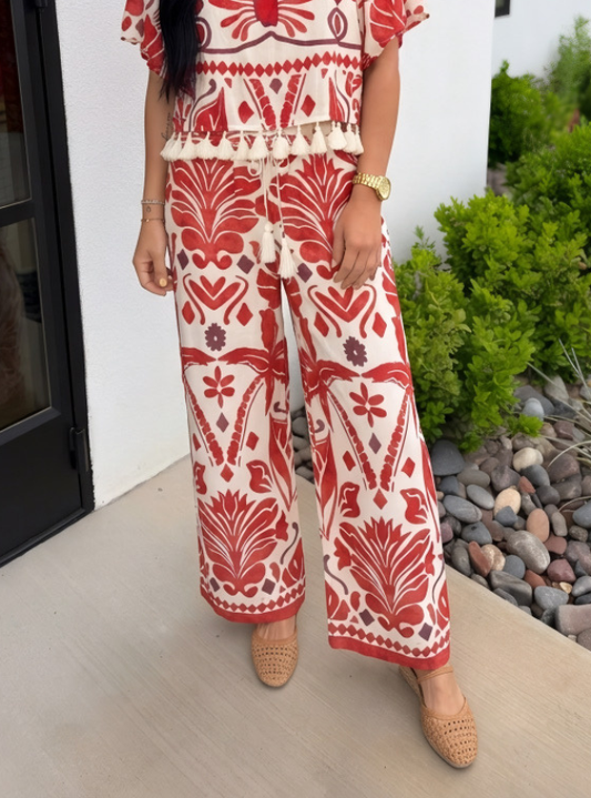 Tropical Print Drawstring Waist Wide Leg Pants