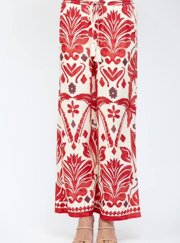 Tropical Print Drawstring Waist Wide Leg Pants
